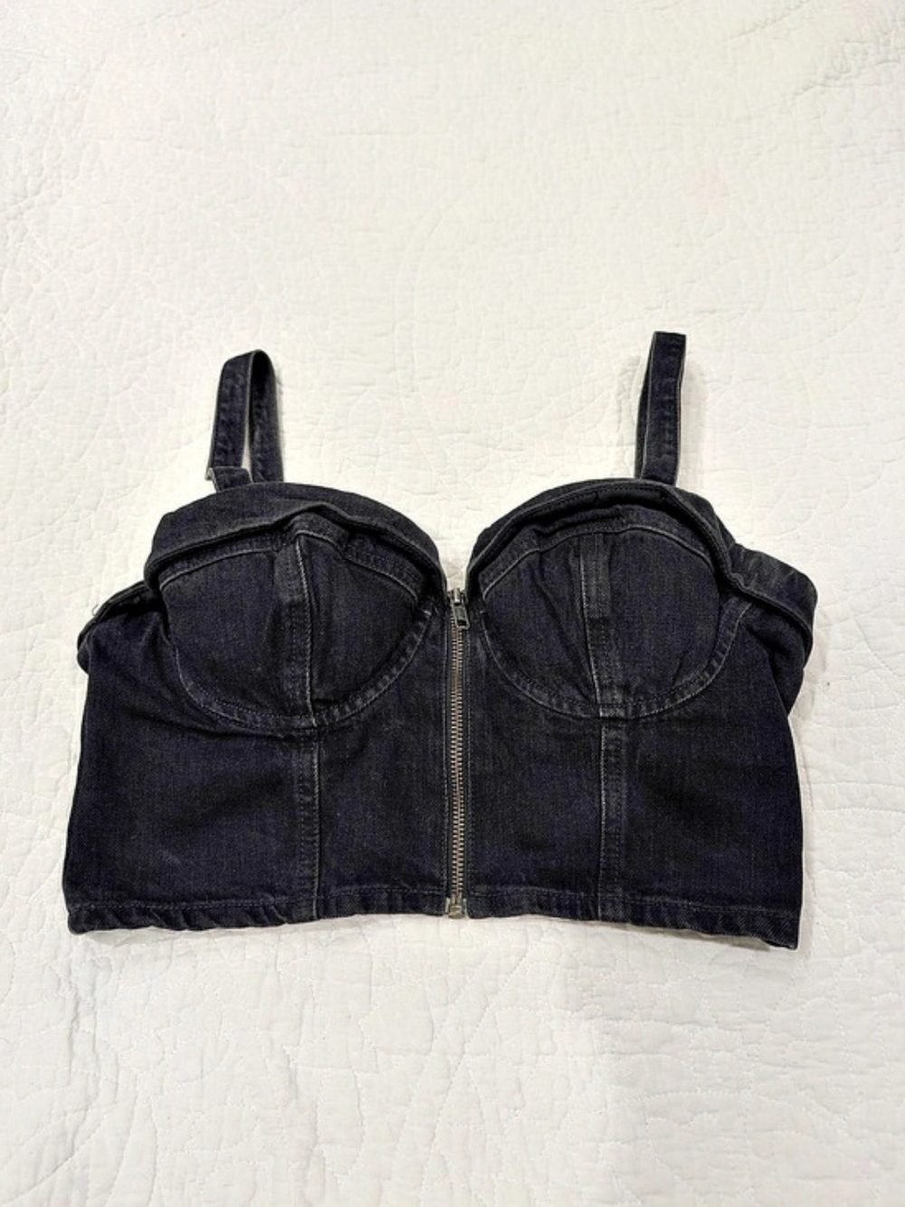 GUESS Black Denim Zip-Front Bustier Top Black Size Medium